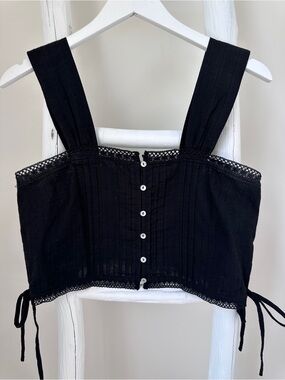 How Very Loved Black Cotton Lace-Trim Button Front Crop Top with Wide Straps S